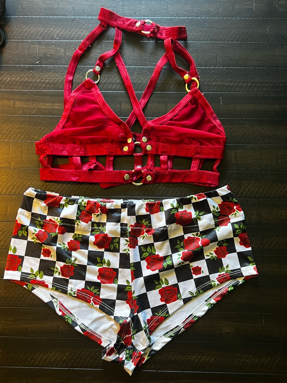 Red Velvet Strappy Bralette & Checkerboard Rose Shorts Set